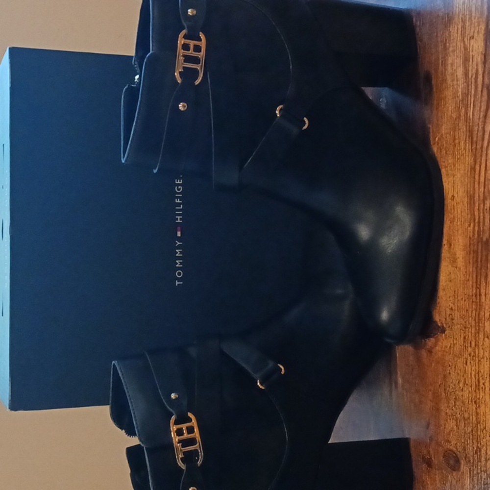 Tommy Hilfiger Black Heel Boots with Gold Buckles